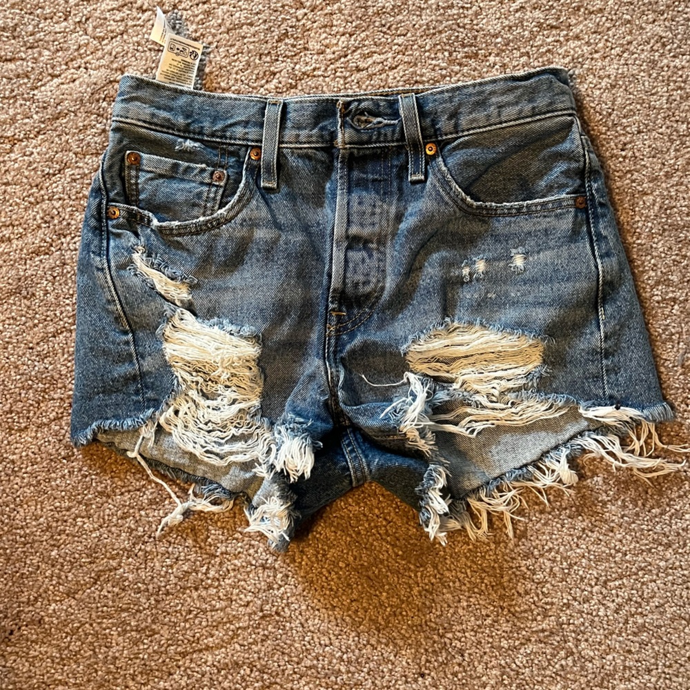 Levi's Blue Distressed Jean Shorts with Frayed Hem